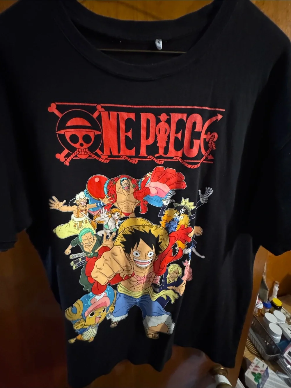 One Piece Black Graphic Tee - Colorful Crew Print NEGOTIABLE